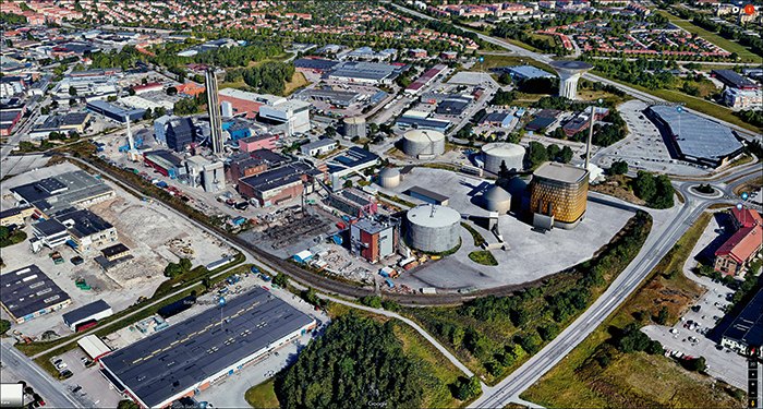 Foto och montage som visar Boländerna i Uppsala och hur den nya anläggningen Carpe Futurum (till höger i bilden) kommer att se ut när den blir klar. 