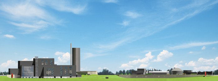 Illustrationen visar hur det nya kraftvärmeverket (till vänster) och den nya biogasanläggningen (till höger) kommer att se ut. Illustration: E.ON