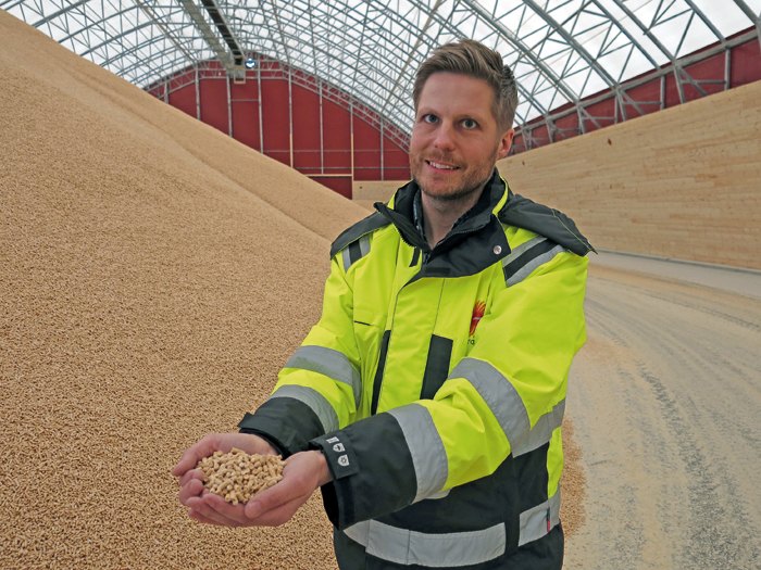 Gustav Nyrén, produktionschef vid pelletsfabriken på Stora Enso Ala sågverk, visar sex millimeter pellets. Stora Enso går över till enbart sex millimeters pellets i Sverige.