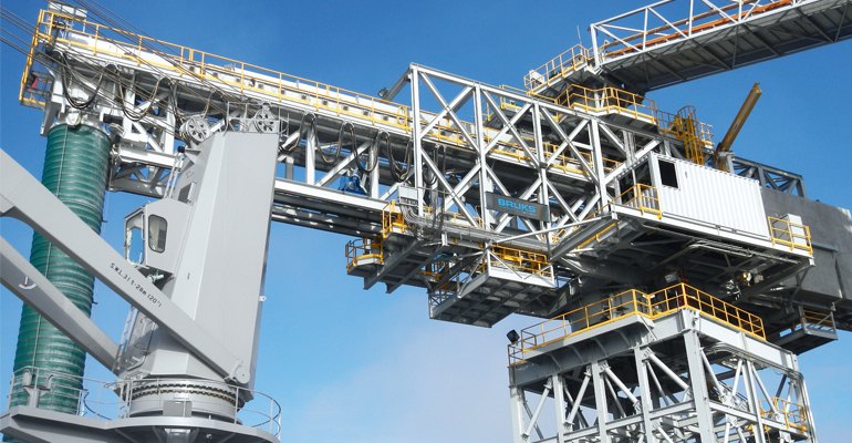 BRUKS Rockwood was selected to provide complete engineering and equipment for the ship loader. This travelling, luffing, shuttling ship loader is designed to load wood pellets at a rate of 1 200 tonnes per hour (photos courtesy Bruks Rockwood).